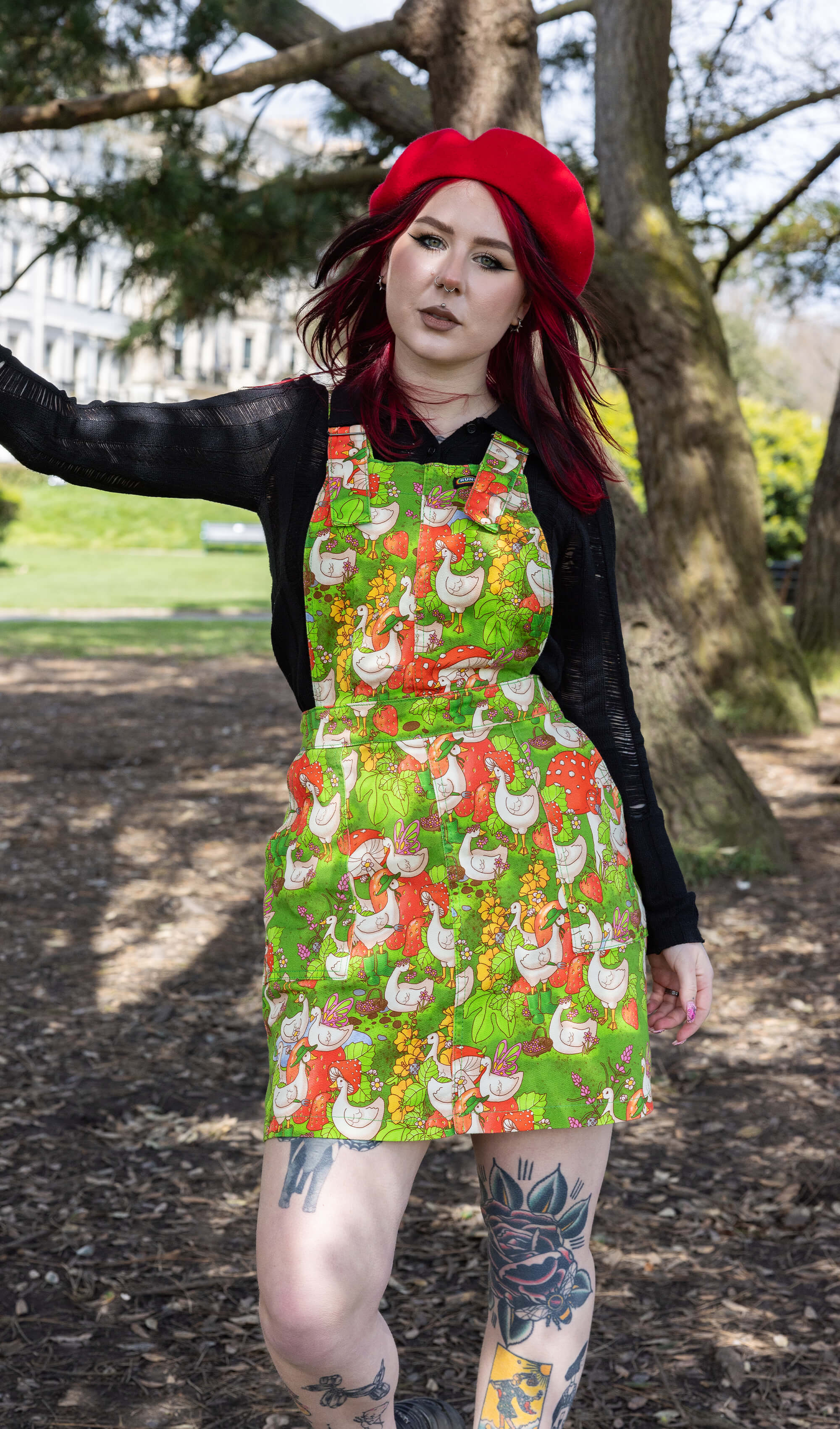 The Mushroom Babes In The Geese Garden Stretch Twill Pinafore Dress - Run & Fly