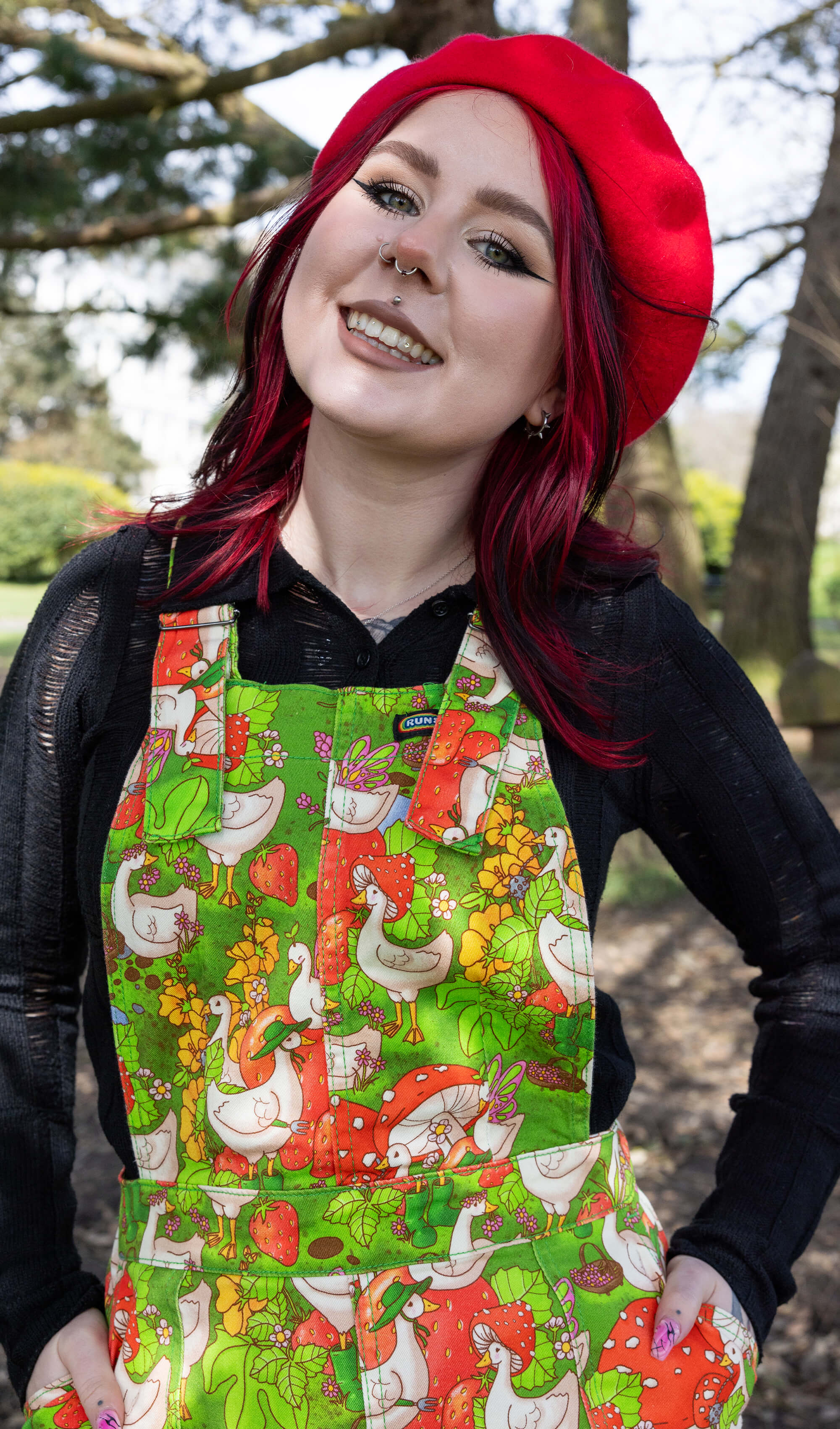 The Mushroom Babes In The Geese Garden Stretch Twill Pinafore Dress - Run & Fly