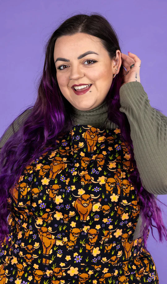 Highland Cows Stretch Twill Pinafore Dress - Run & Fly