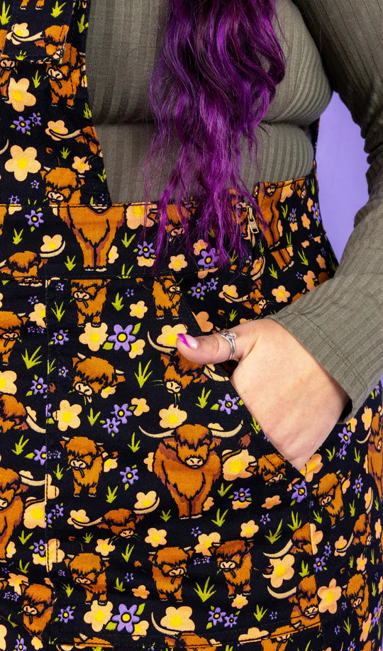 Highland Cows Stretch Twill Pinafore Dress - Run & Fly