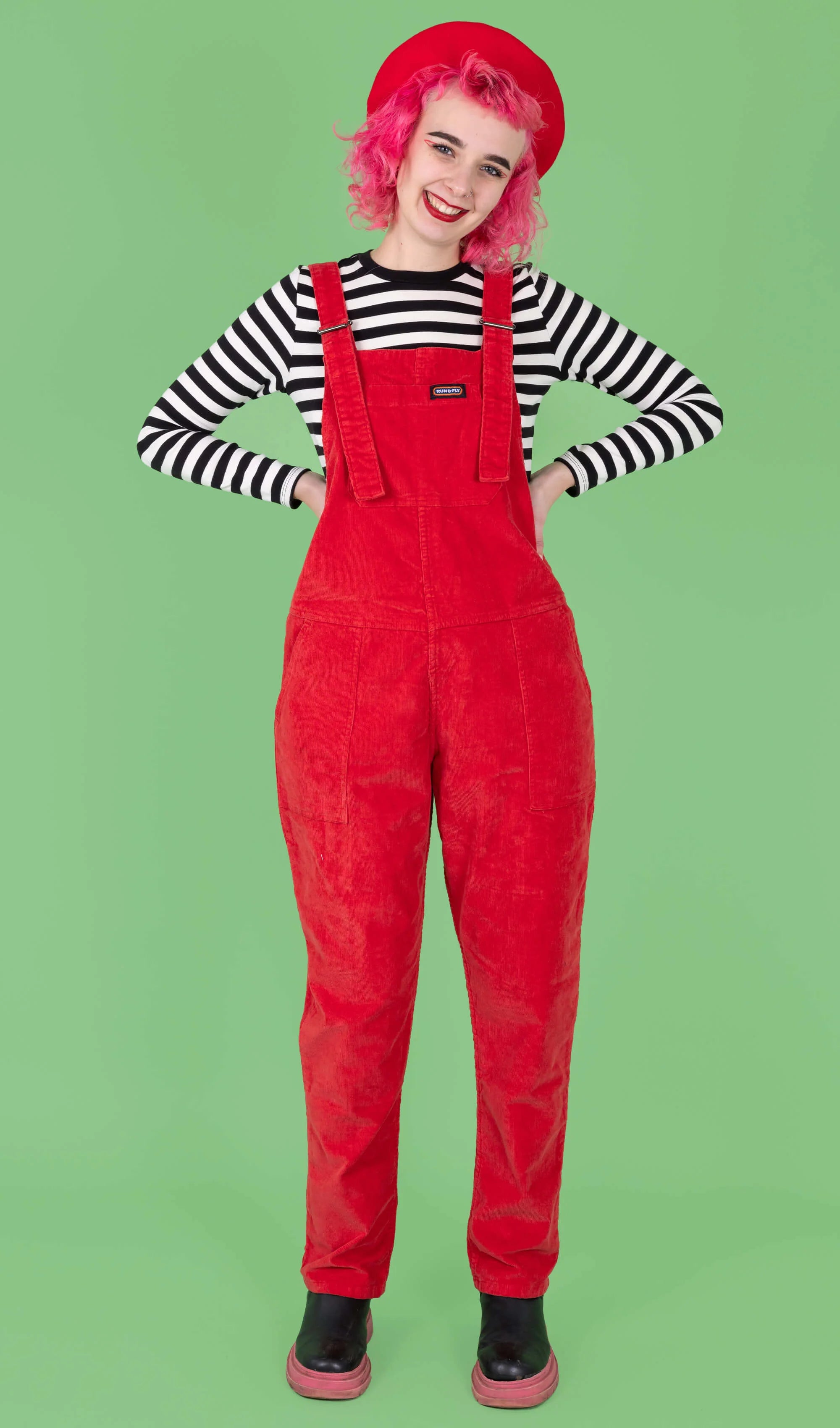 Red Stretch Corduroy Dungarees - Run & Fly