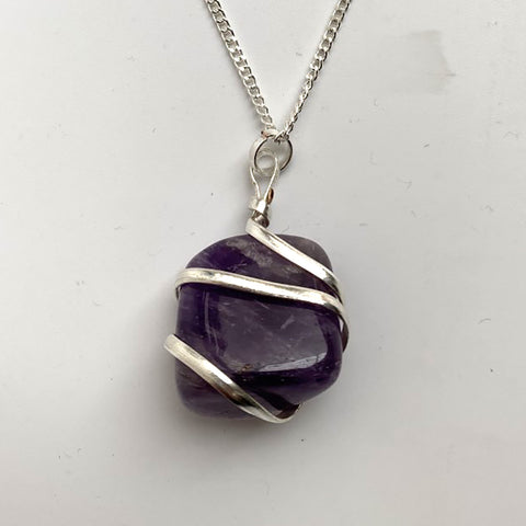 Amethyst Tumbled Stone Wire Wrap Pendant Necklace