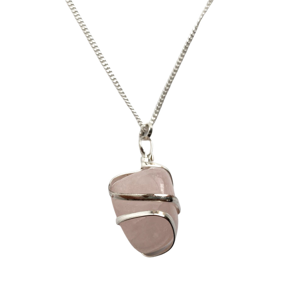 Rose Quartz Tumbled Stone Wire Wrap Pendant Necklace