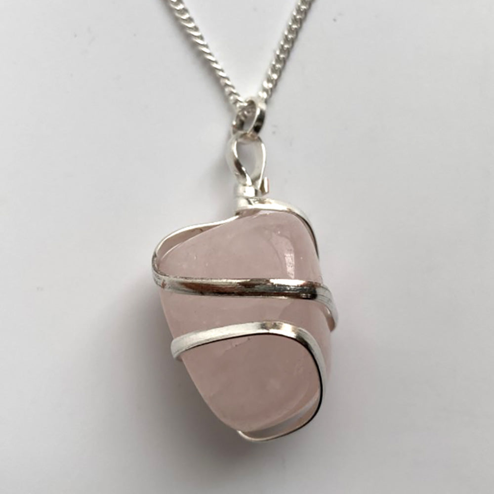 Rose Quartz Tumbled Stone Wire Wrap Pendant Necklace