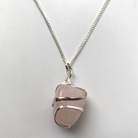 Rose Quartz Tumbled Stone Wire Wrap Pendant Necklace