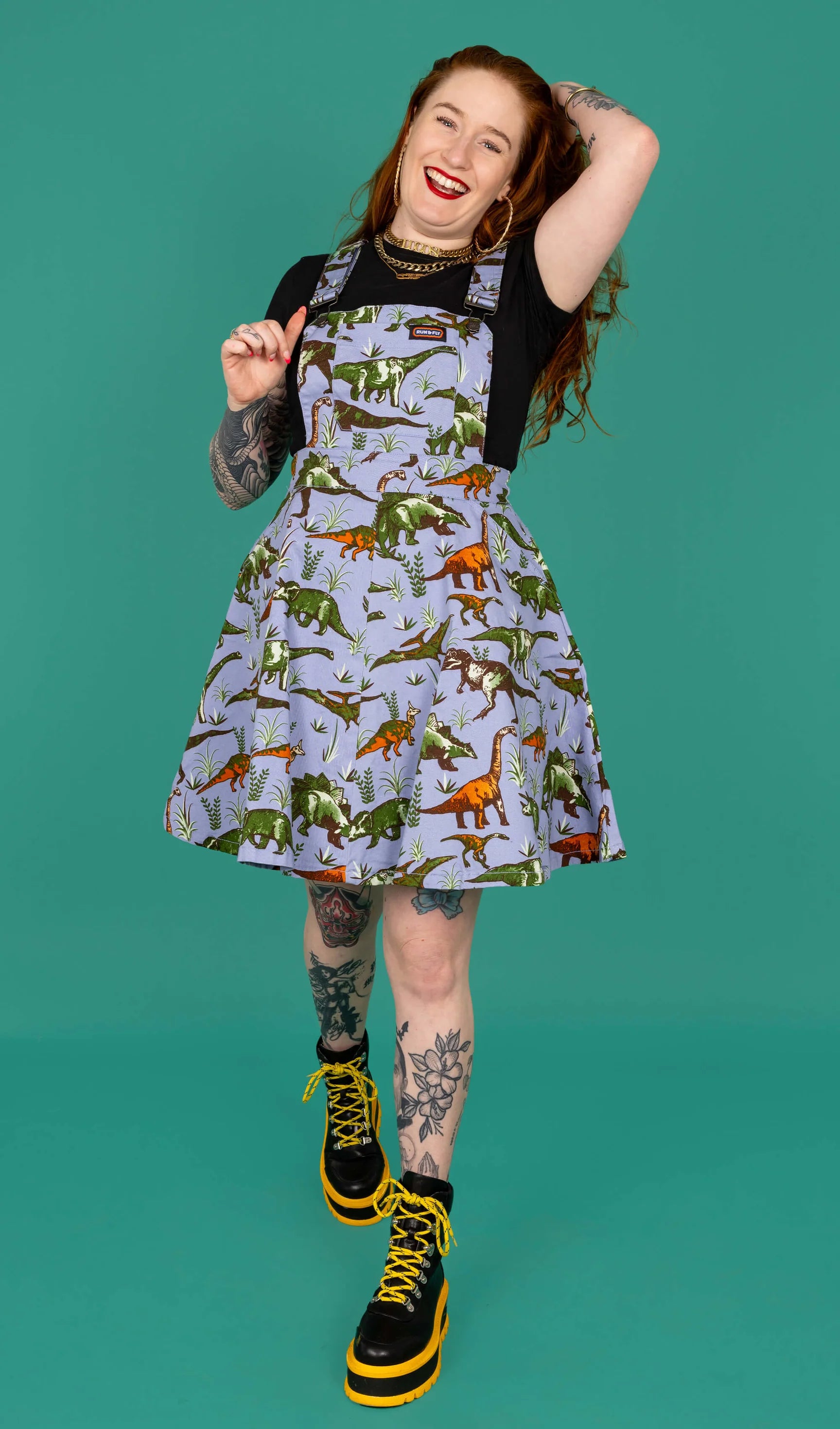 Blue Adventure Dinosaur Flared Pinafore Dress - Run & Fly