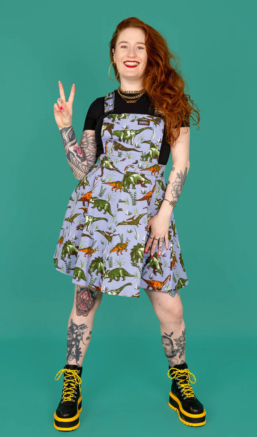Blue Adventure Dinosaur Flared Pinafore Dress - Run & Fly Yella Brick Road Blue Adventure Dinosaur Flared Pinafore Dress - Run & Fly Yella Brick Road