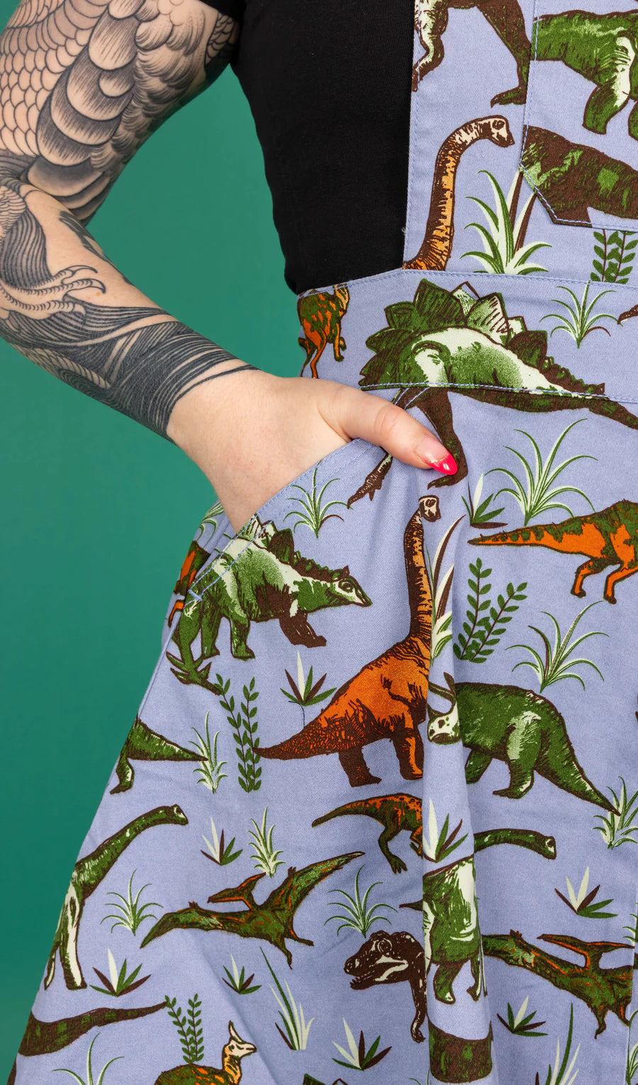 Blue Adventure Dinosaur Flared Pinafore Dress - Run & Fly