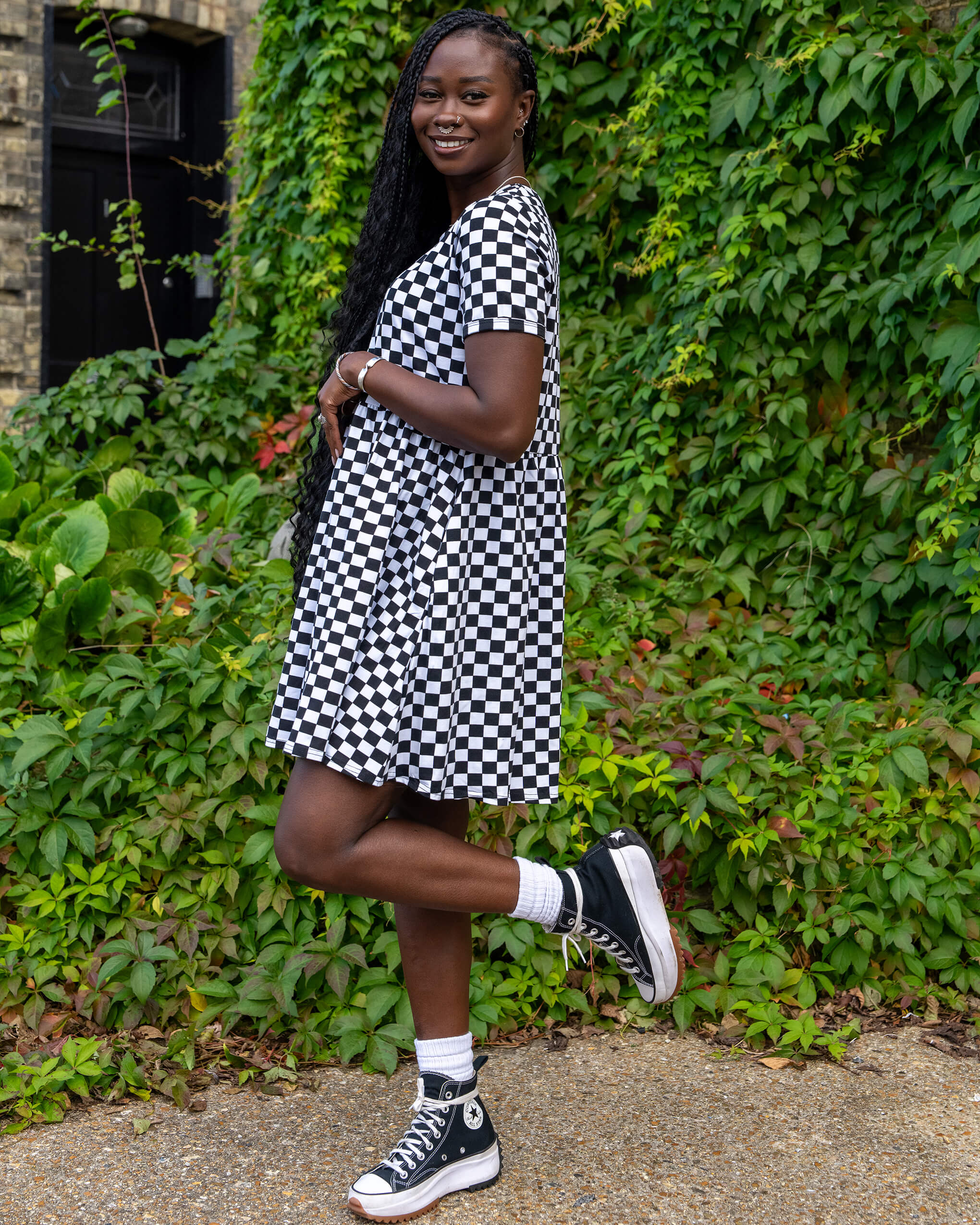Black & White Checkerboard Oversized Smock Dress - Run & Fly