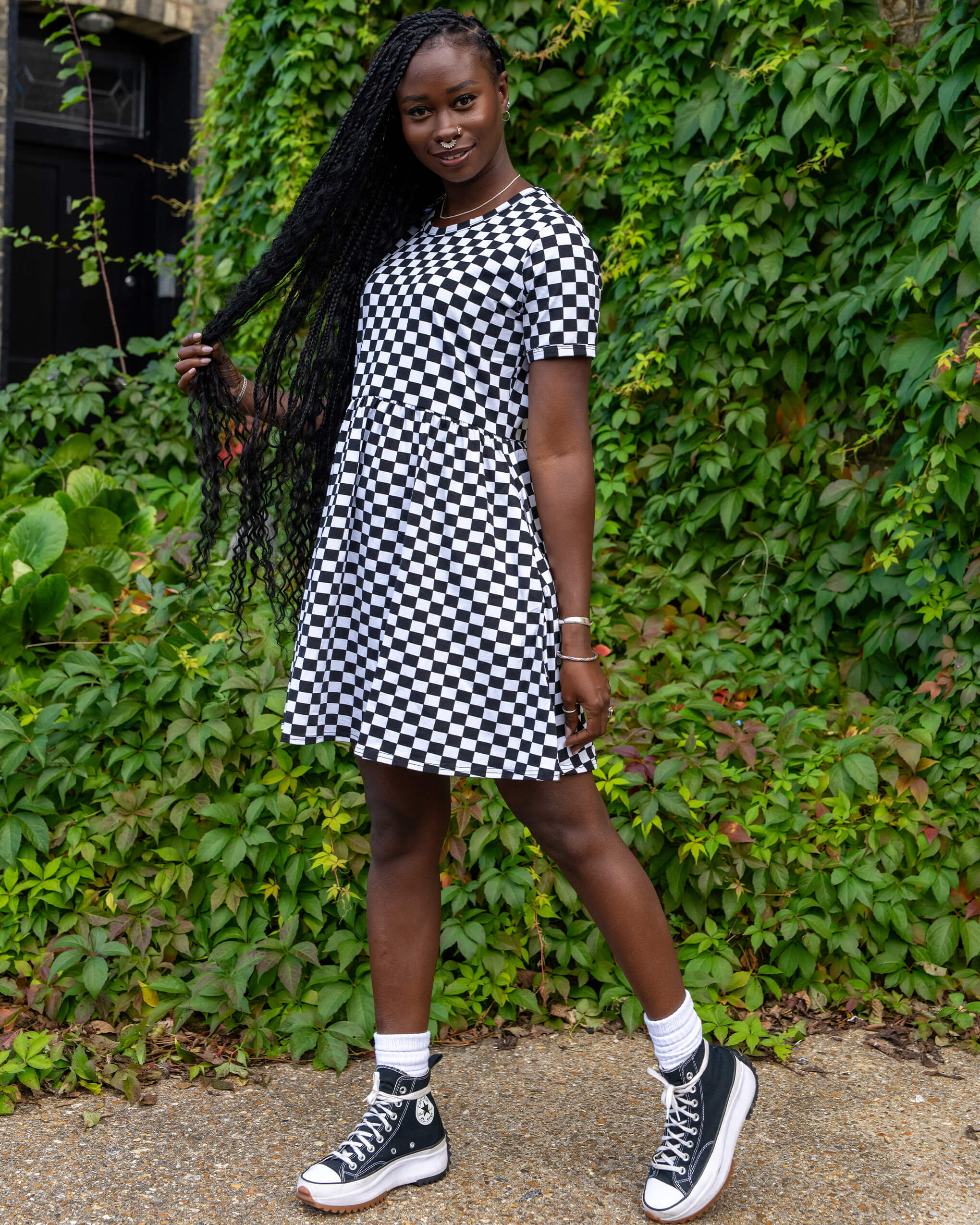 Black & White Checkerboard Oversized Smock Dress - Run & Fly