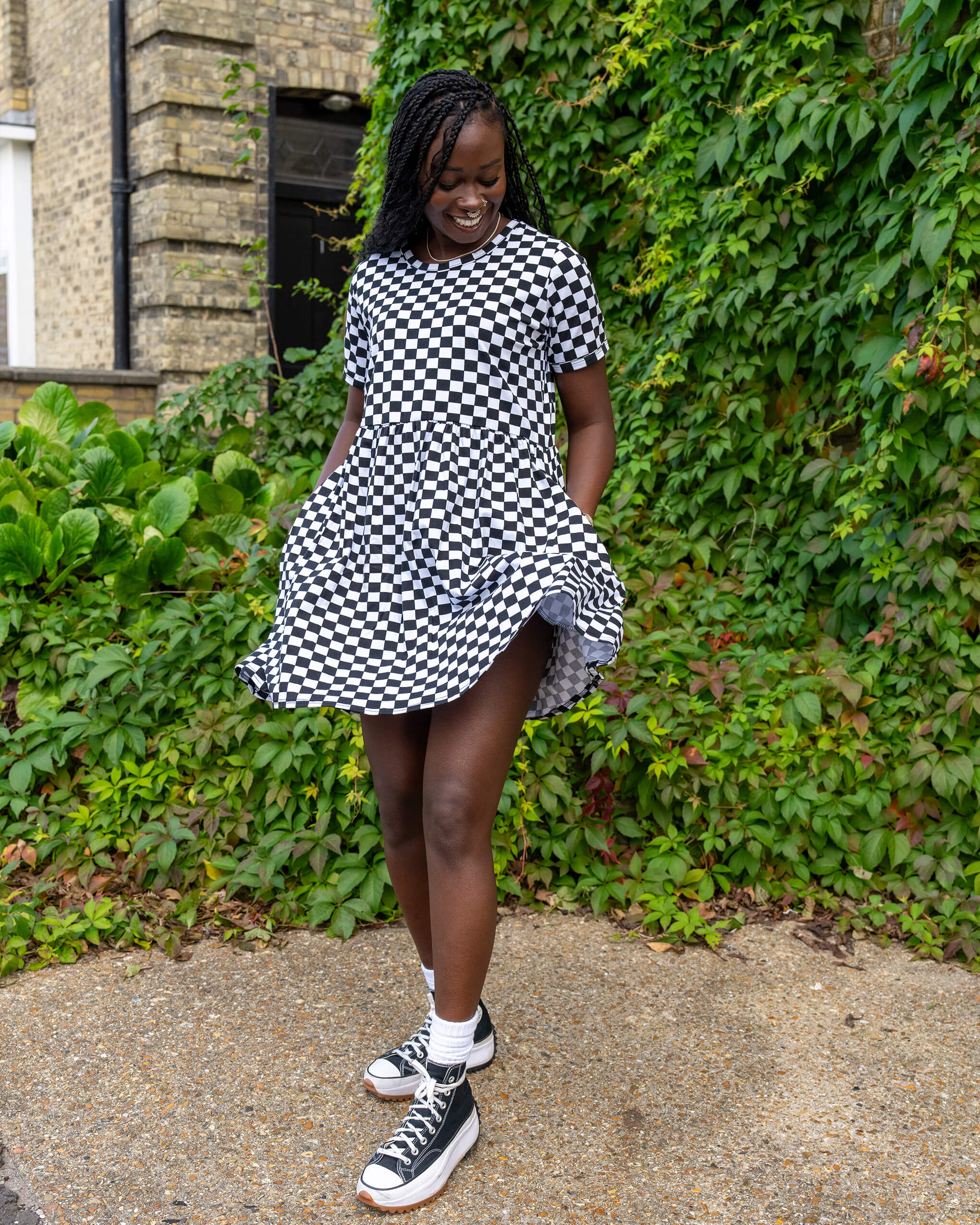 Black & White Checkerboard Oversized Smock Dress - Run & Fly