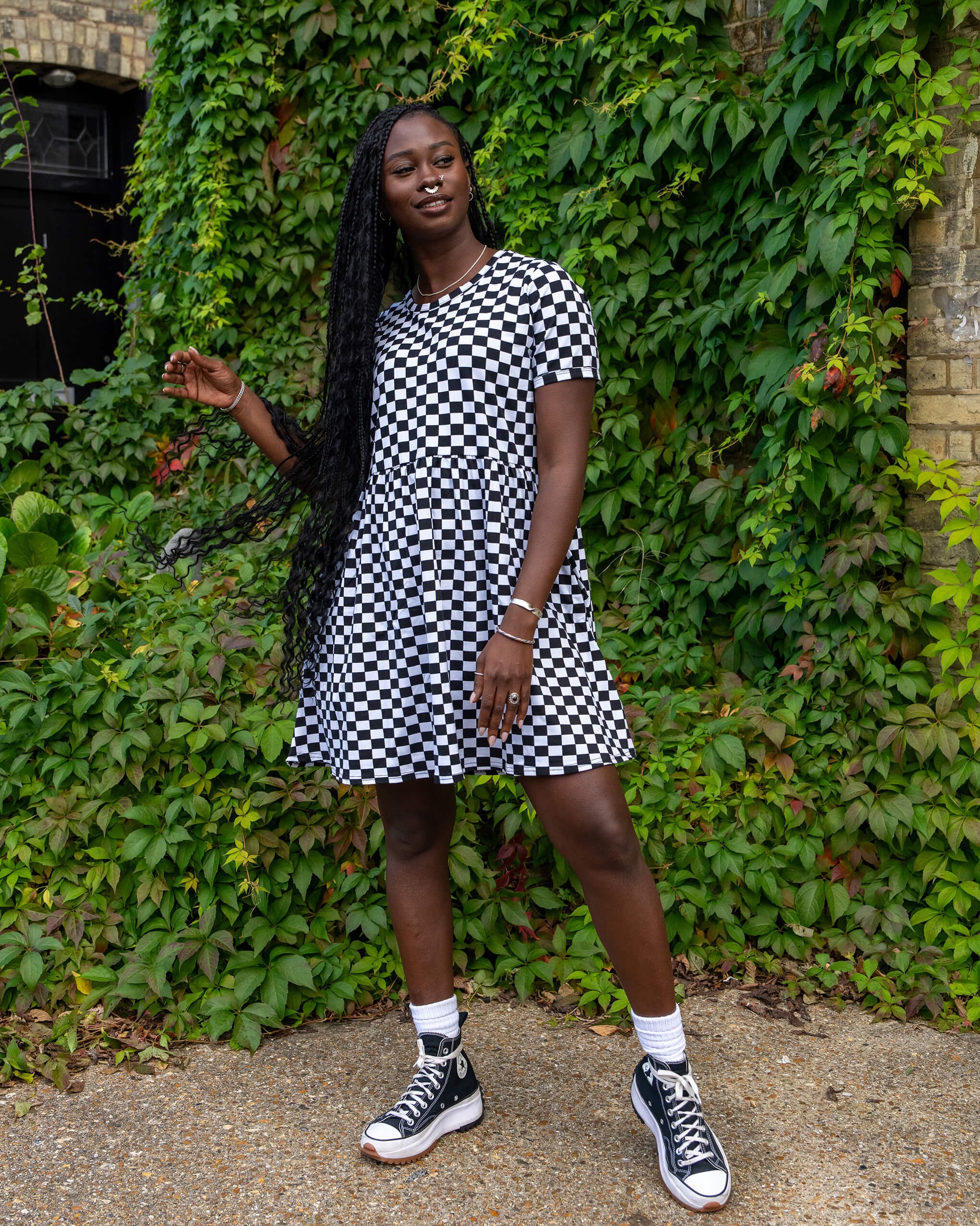 Black & White Checkerboard Oversized Smock Dress - Run & Fly