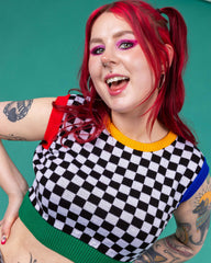 Colour Block Checkerboard Cropped Knitted Tank Top - Run & Fly