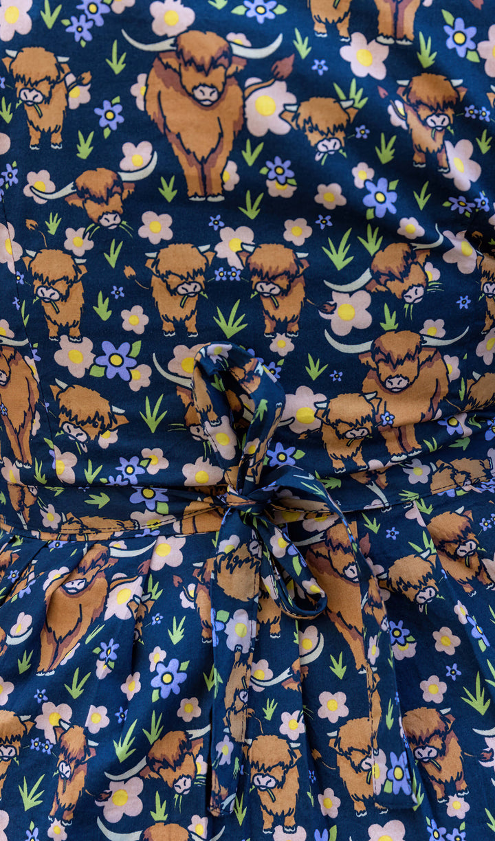 Highland Cows Belted Tea Dress with Pockets - Run & Fly
