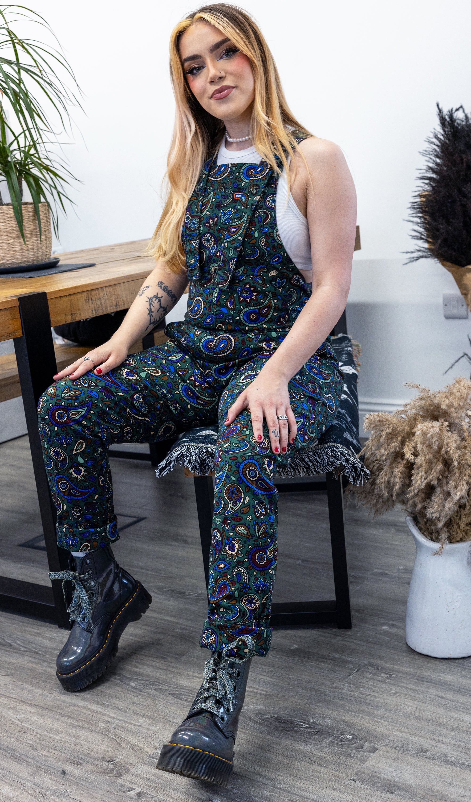 Green Paisley Stretch Twill Dungarees - Run & Fly