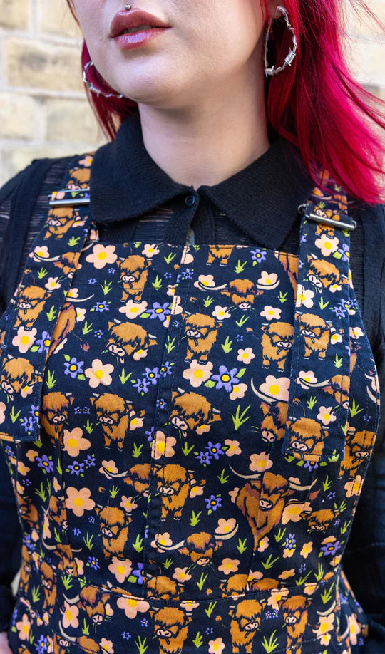 Highland Cows Stretch Twill Pinafore Dress - Run & Fly