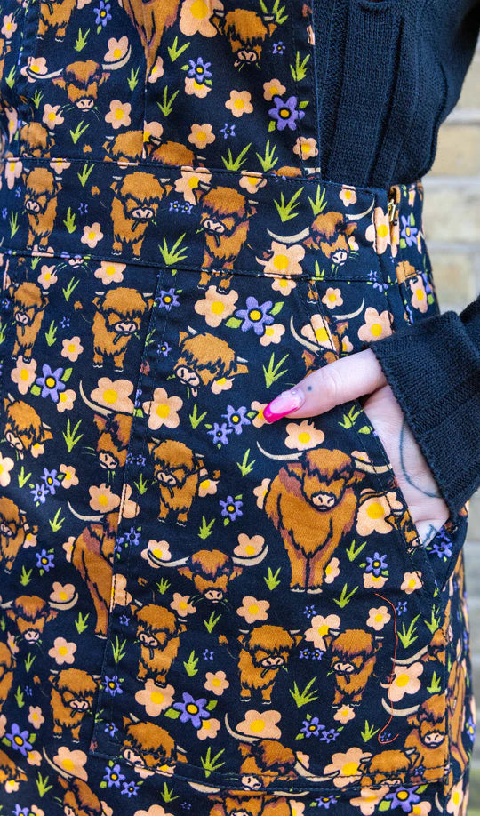 Highland Cows Stretch Twill Pinafore Dress - Run & Fly
