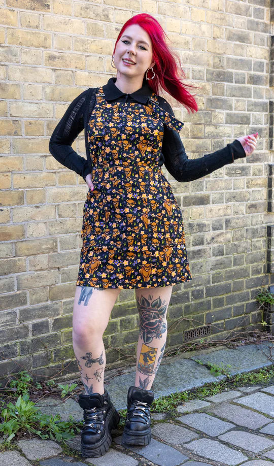 Highland Cows Stretch Twill Pinafore Dress - Run & Fly