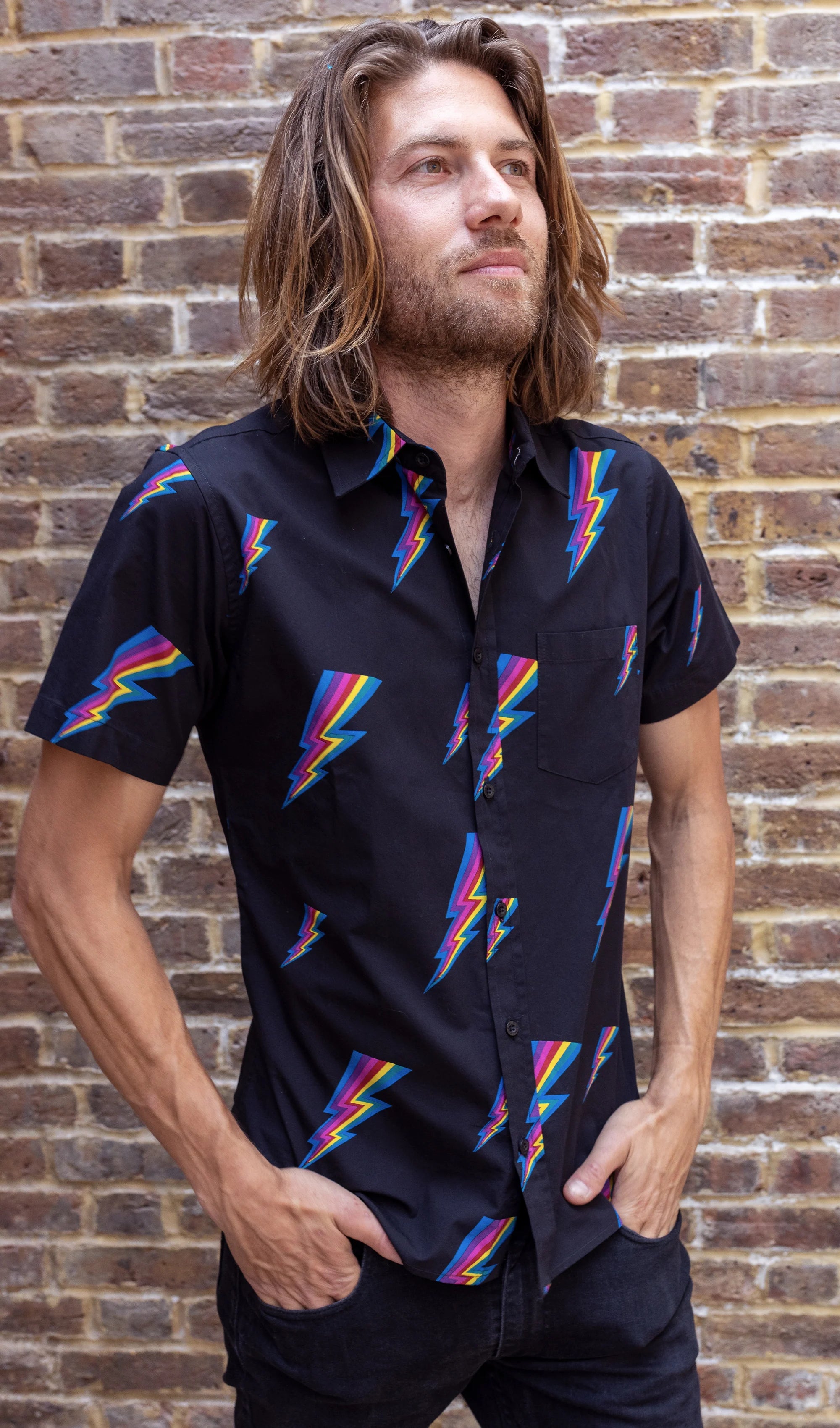 Black Lightning Bolt Short Sleeve Shirt - Run & Fly
