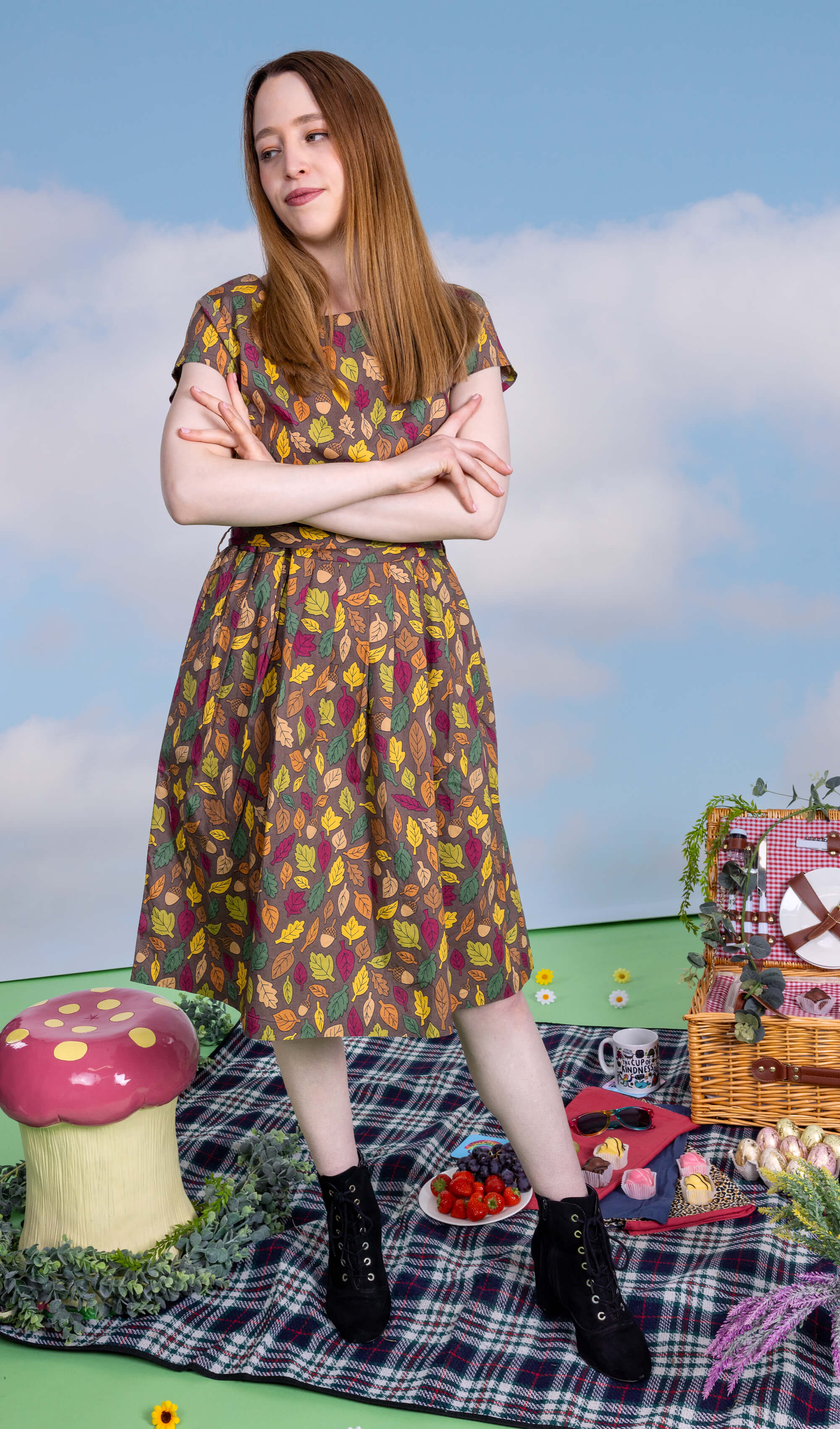 Autumn Leaves Stretch Belted Tea Dress with Pockets - Run & Fly