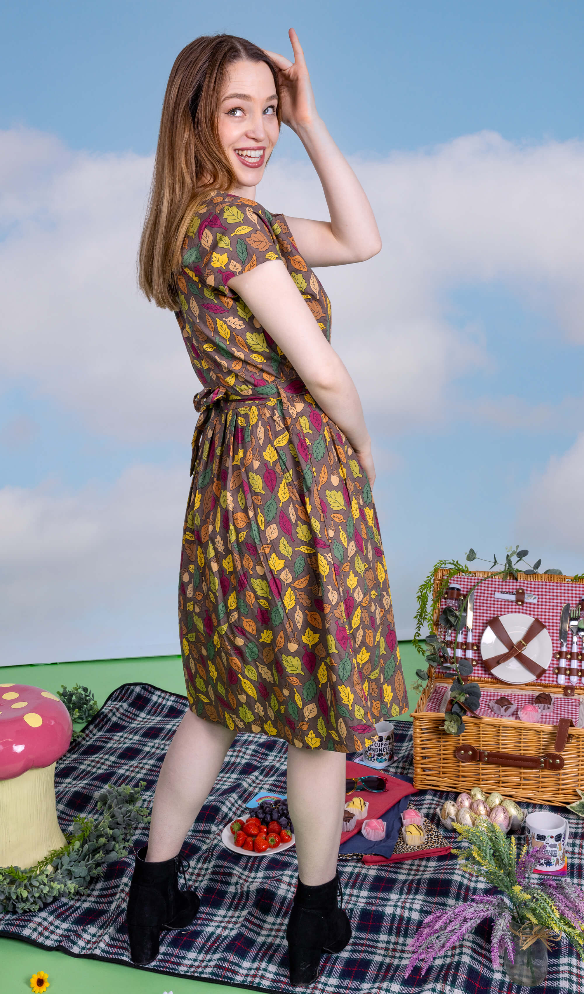 Autumn Leaves Stretch Belted Tea Dress with Pockets - Run & Fly