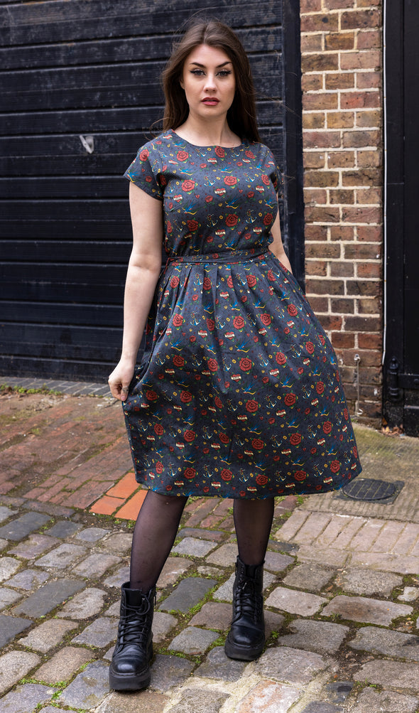 Retro Old School Tattoo Print Tea Dress with Pockets - Run & Fly