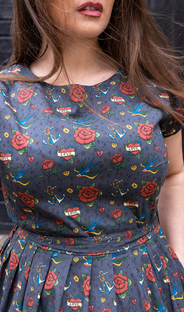 Retro Old School Tattoo Print Tea Dress with Pockets - Run & Fly