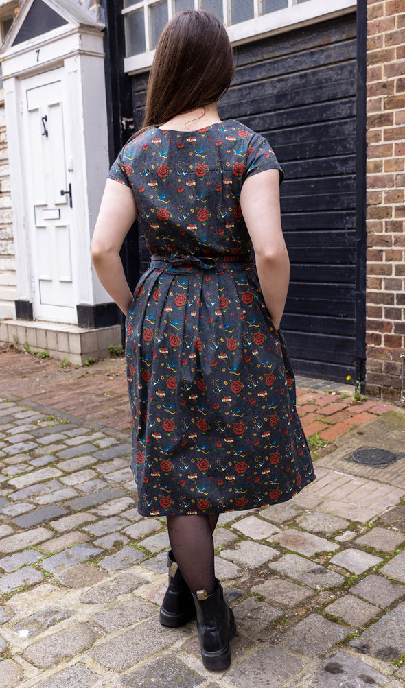 Retro Old School Tattoo Print Tea Dress with Pockets - Run & Fly