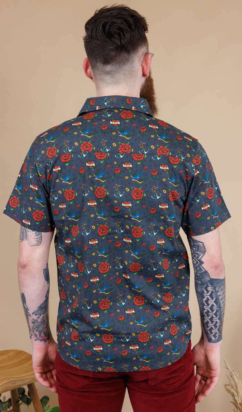Retro Old School Tattoo Print Short Sleeve Shirt - Run & Fly