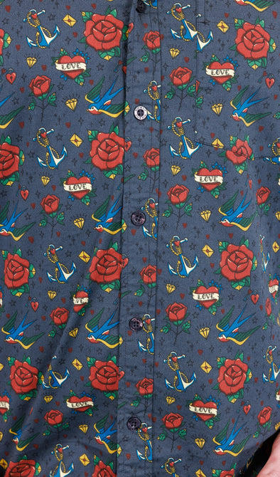 Retro Old School Tattoo Print Short Sleeve Shirt - Run & Fly
