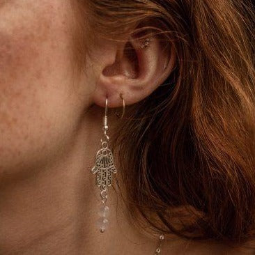 Hook & Hamsa Hand Silver Tone Semi Precious Stone Earrings – Rose Quartz - Xander Kostroma (Last Available)