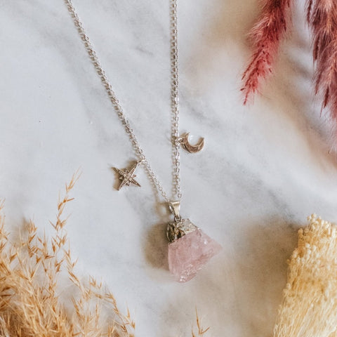 925 Sterling Silver Raw Cut Rose Quartz Moon & Star Necklace - Xander Kostroma (Last Available)