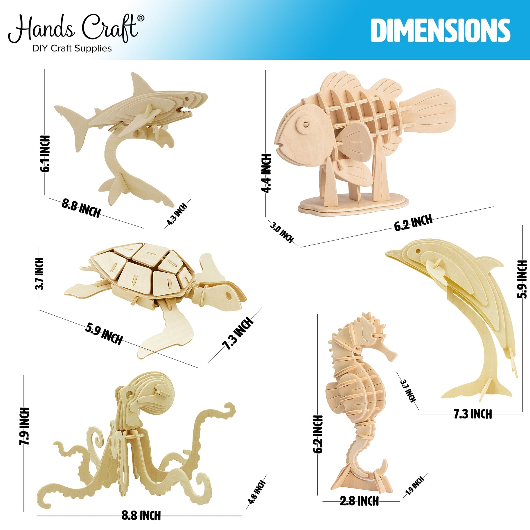 DIY 3D Wooden Puzzle 6 ct, Sea Animals - Hands Craft