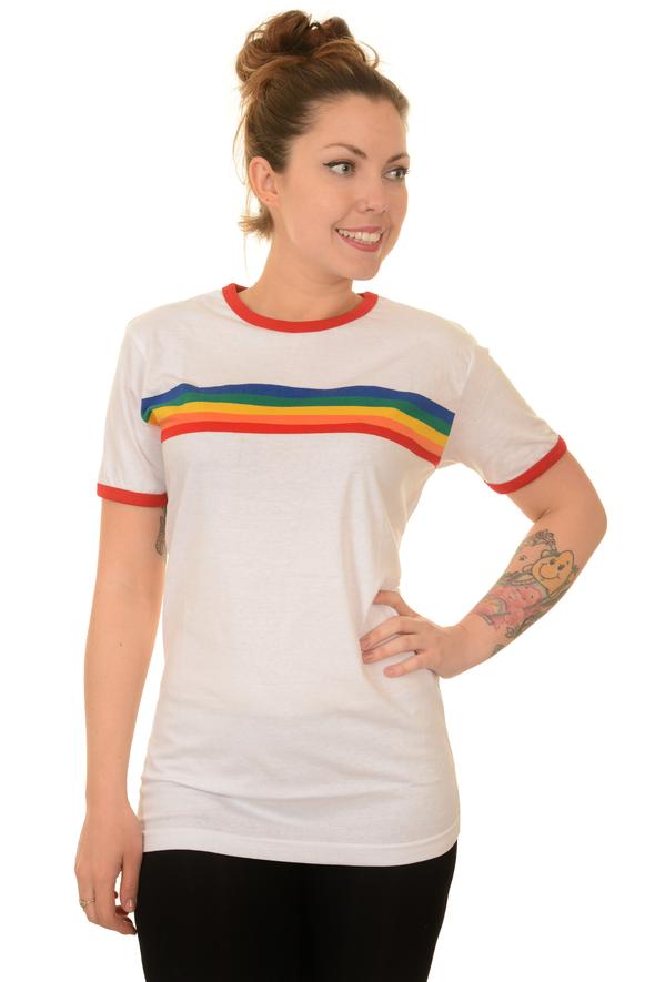 White Ringer Retro Rainbow Striped T Shirt - Run & Fly