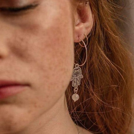Sterling Silver Hoop & Hamsa Hand Rose Quartz Semi Precious Stone Earrings - Xander Kostroma (Last Available)