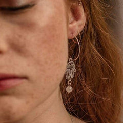 Sterling Silver Hoop & Hamsa Hand Rose Quartz Semi Precious Stone Earrings - Xander Kostroma (Last Available)