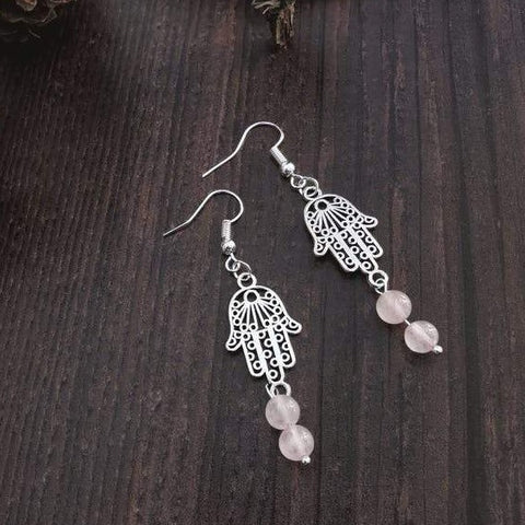 Hook & Hamsa Hand Silver Tone Semi Precious Stone Earrings – Rose Quartz - Xander Kostroma (Last Available)