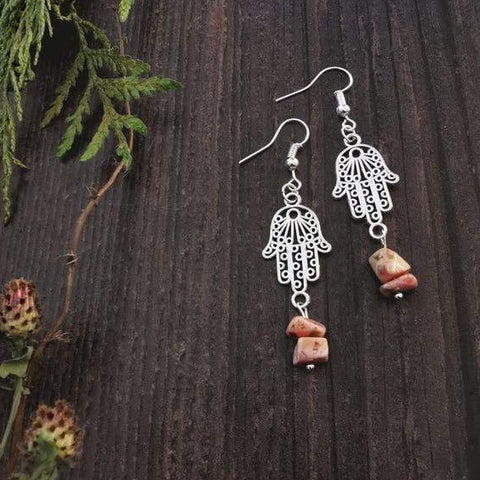 Hook & Hamsa Hand Silver Tone Semi Precious Stone Earrings – Rhodochrosite - Xander Kostroma (Last Available)