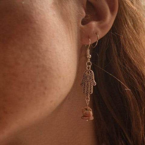 Hook & Hamsa Hand Silver Tone Semi Precious Stone Earrings – Rhodochrosite - Xander Kostroma (Last Available)