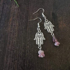 Hook & Hamsa Hand Silver Tone Semi Precious Stone Earrings – Strawberry Quartz - Xander Kostroma (Last Available)