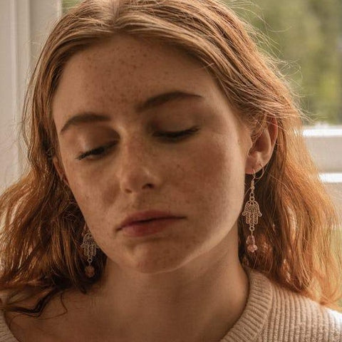 Hook & Hamsa Hand Silver Tone Semi Precious Stone Earrings – Strawberry Quartz - Xander Kostroma (Last Available)