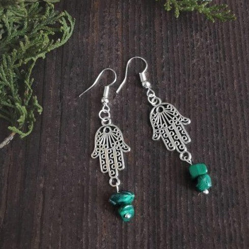 Sterling Silver Hook & Hamsa Hand Malachite Semi Precious Stone Earrings - Xander Kostroma (Last Available)