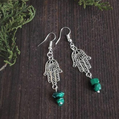 Sterling Silver Hook & Hamsa Hand Malachite Semi Precious Stone Earrings - Xander Kostroma (Last Available)