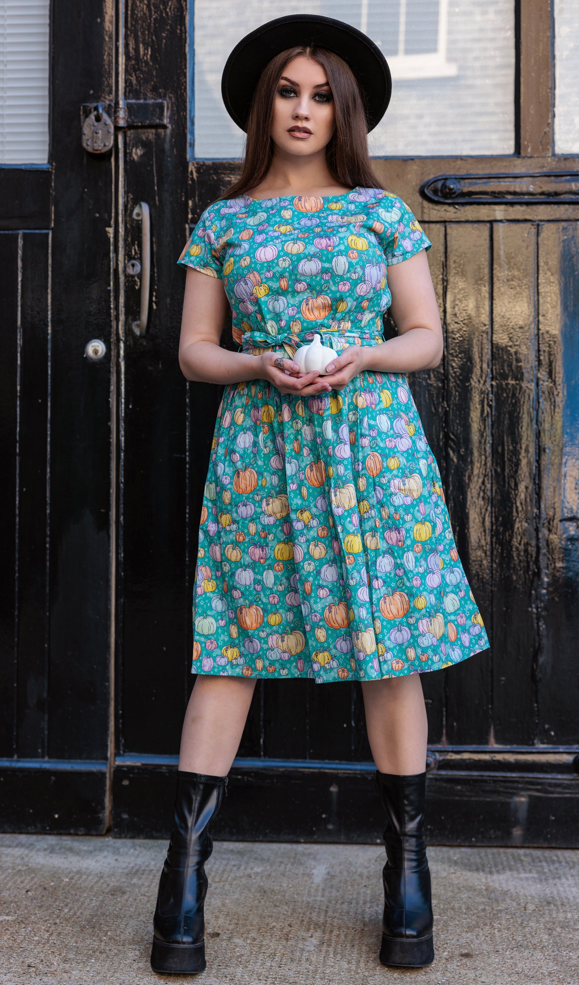Pumpkin Patch Stretch Belted Tea Dress Halloween - Run & Fly