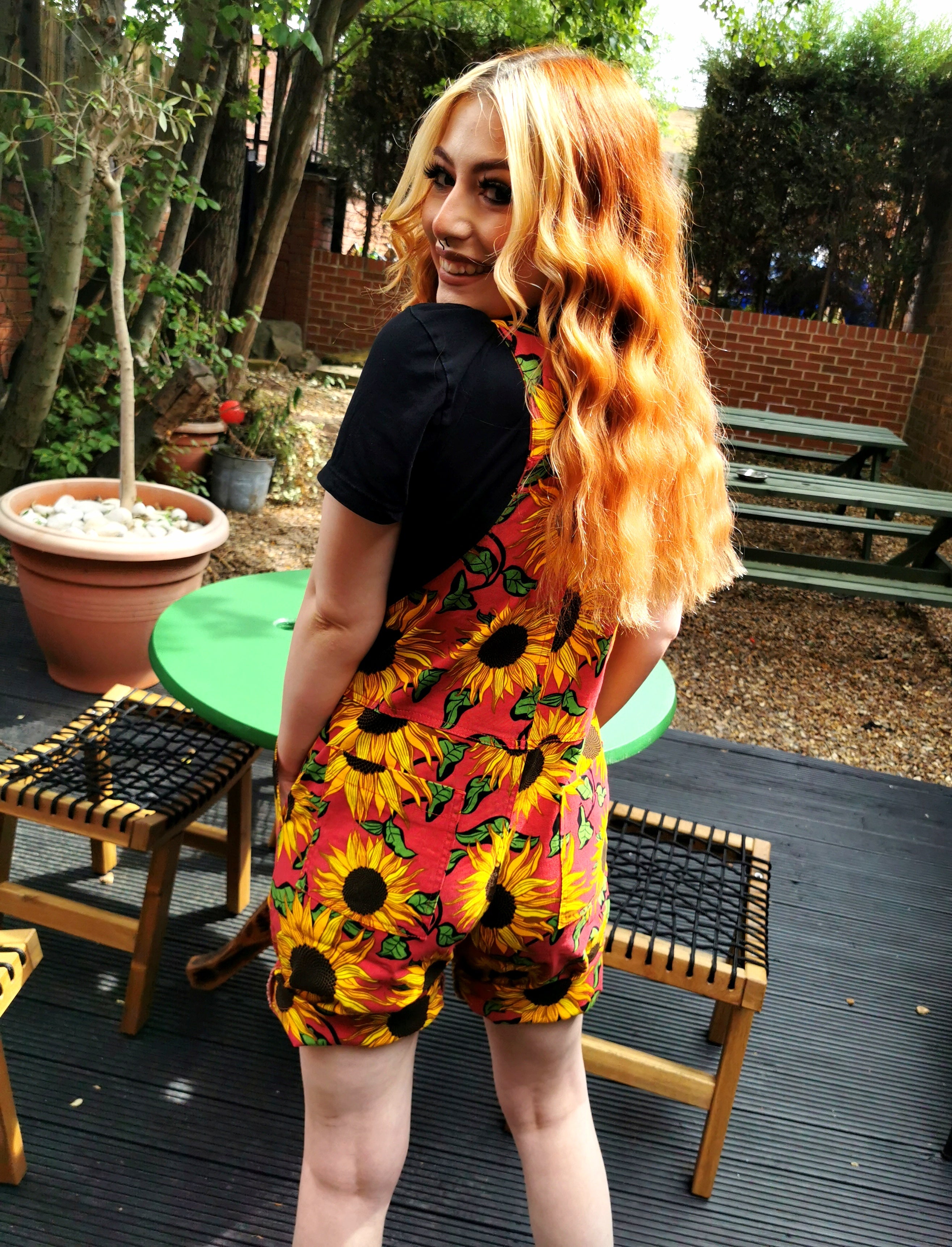 Red Sunflower Twill Dungaree Shorts - Run & Fly (Last Available)