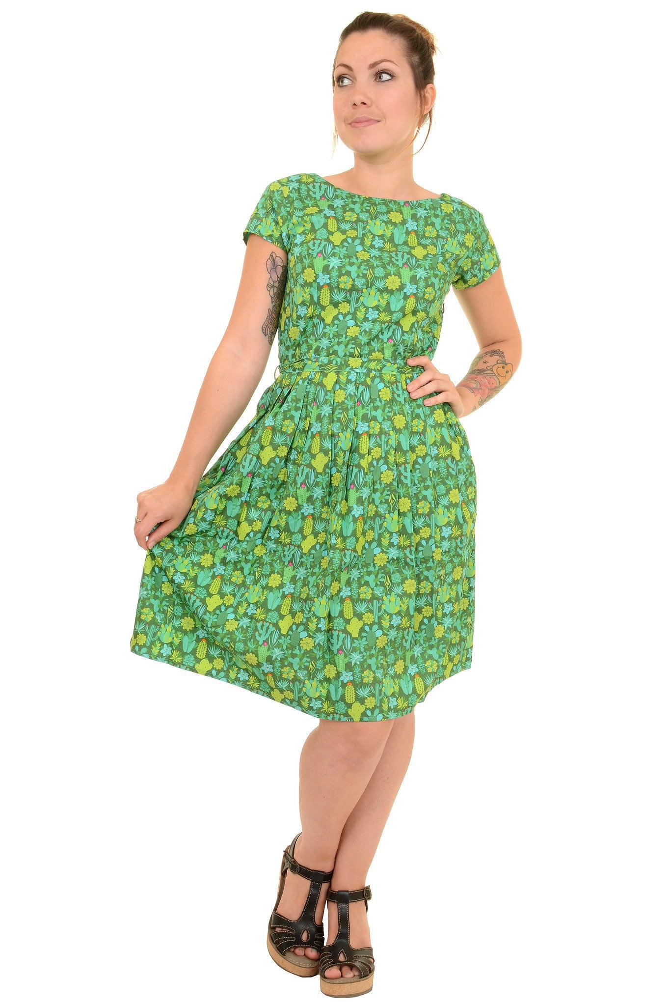 Green Blooming Cactus Tea Party Dress - Run & Fly (Last Available)
