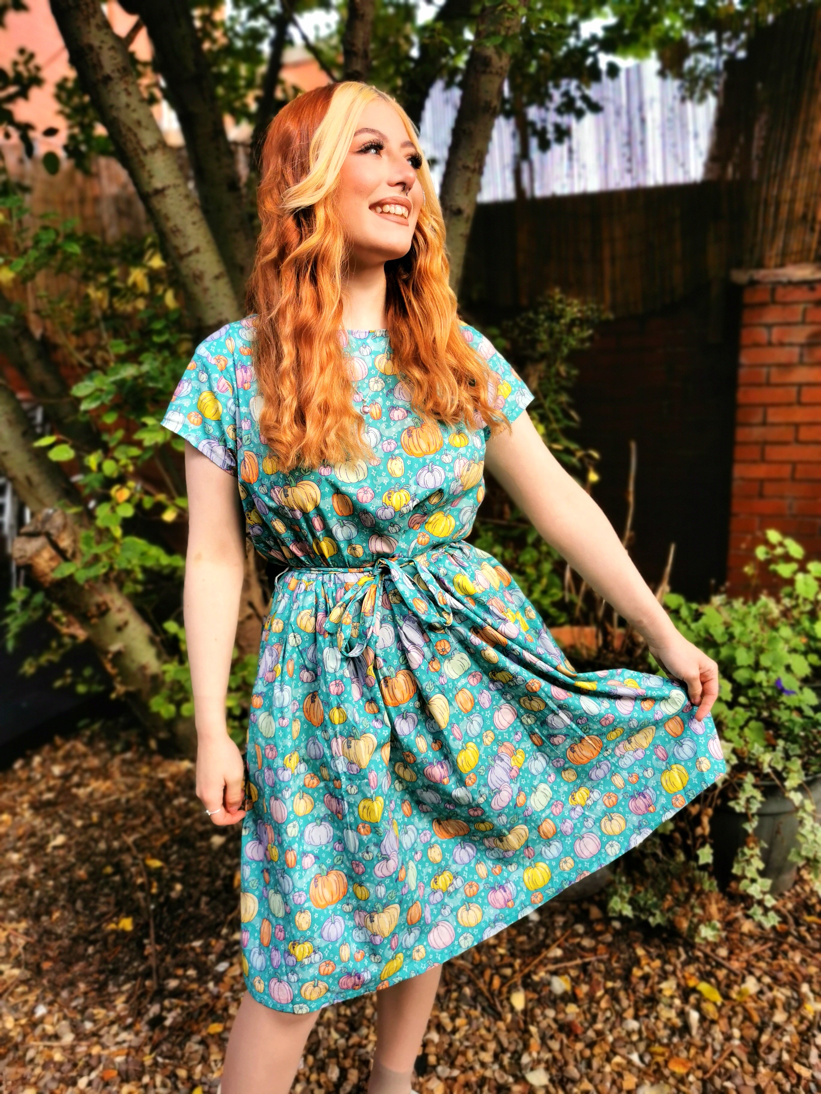 Pumpkin Patch Stretch Belted Tea Dress Halloween - Run & Fly