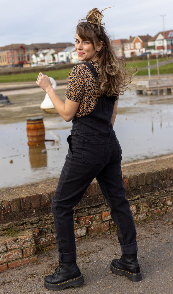 Black Stone Wash Dungarees - Run & Fly