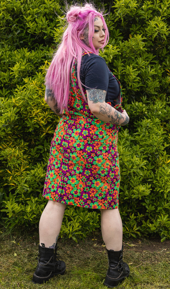 70's Dark Floral Print Long Pinafore - Run & Fly