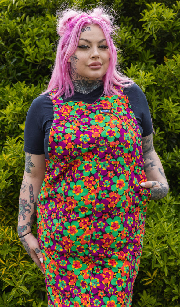 70's Dark Floral Print Long Pinafore - Run & Fly